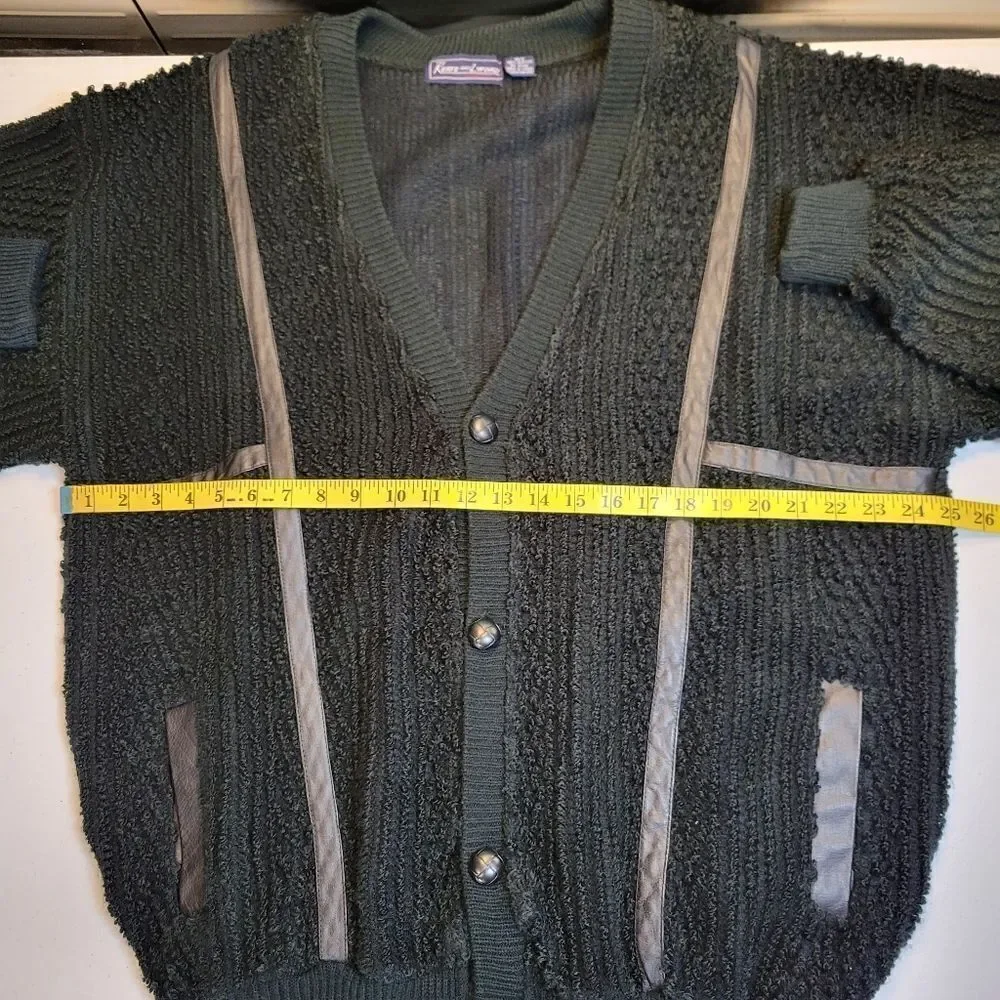 Eclectic Grandpacore Vintage Terry Knit Sweater Cardigan with Leather Trim